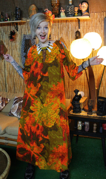 Meagan in a barkcloth vintage muumuu