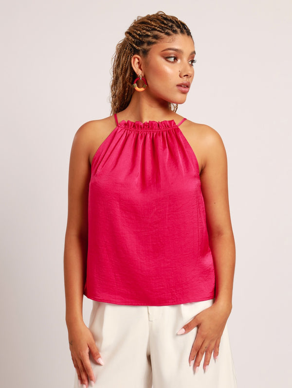 ROUGED HALTERNECK TOP / FUSCHIA