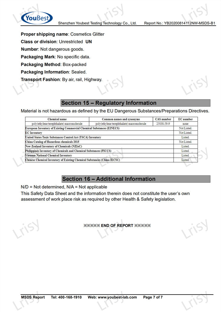 Lrisy Professional Cosmetic Glitter MSDS