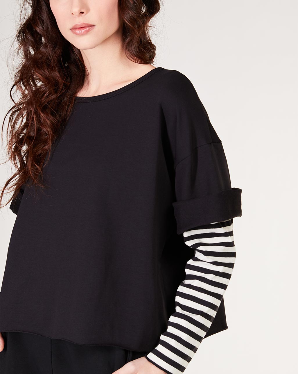 Cotton Boat Neck Stripe Layered Blouse