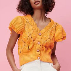 Knitted Vest Cropped Ruffled Cardigan Summer Orange Knitwear