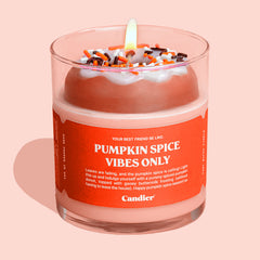 Cute fall themed candle topped with a molded wax frosted donut, with a label that reads pumpkin spice vibes only