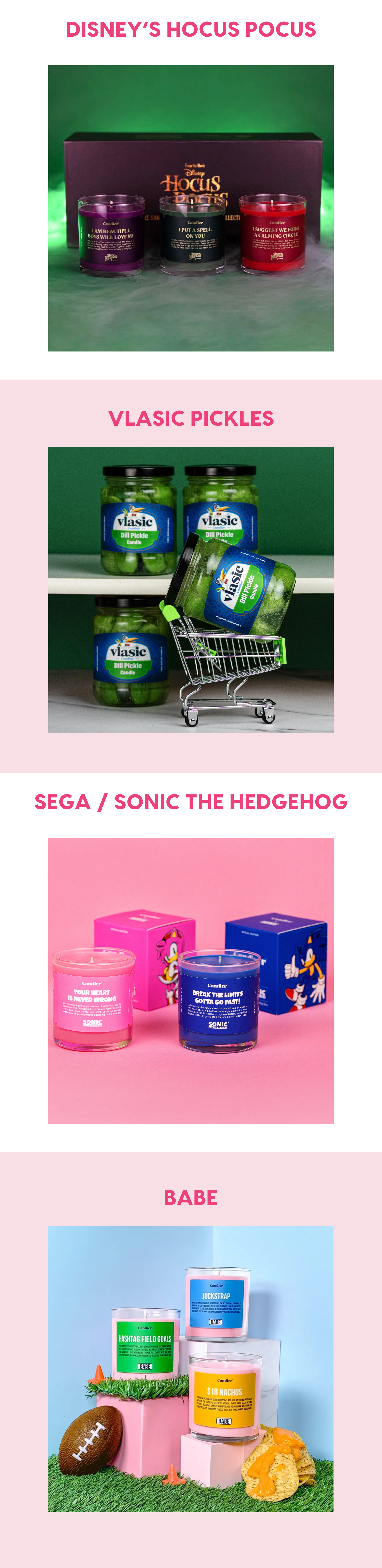 Hocus Pocus, Vlasic Pickles, SEGA, Sonic The Hedgehog and BABE collab candles