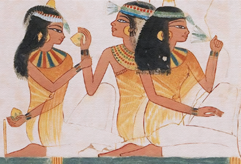 ancient Egyptian hieroglyphics showing three women smelling fragrance ingredients