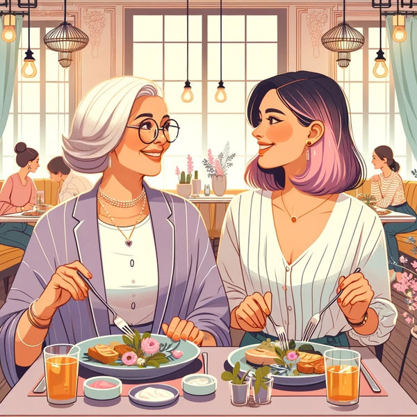 a stylish mom and her trendy daughter enjoy a fancy meal together in a fancy restaurant