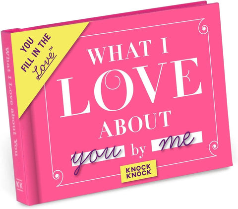 Hot pink book that reads What I Love About You and Me