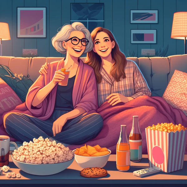 mother and daughter having a cozy movie night with snacks