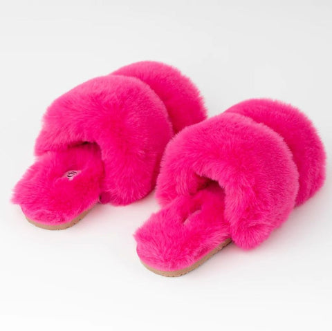 Cute fluffy hot pink faux fur slippers