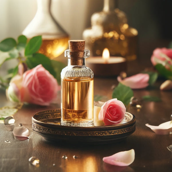 A bottle of rose essential oil surrounded by rose petals and a lit candle