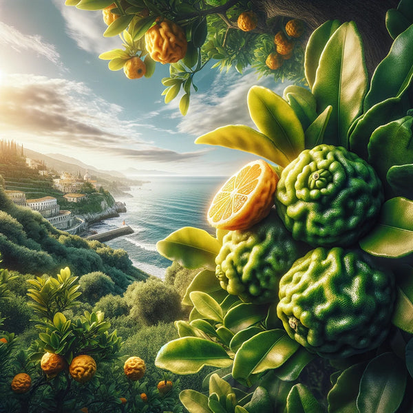illustration of the bergamot orange tree against the backdrop of Southern Italy's coastal landscape