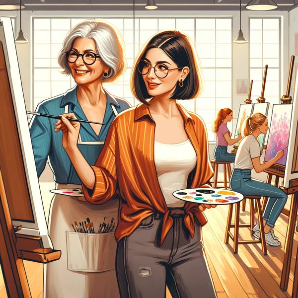 Mother and daughter learning to paint in art class