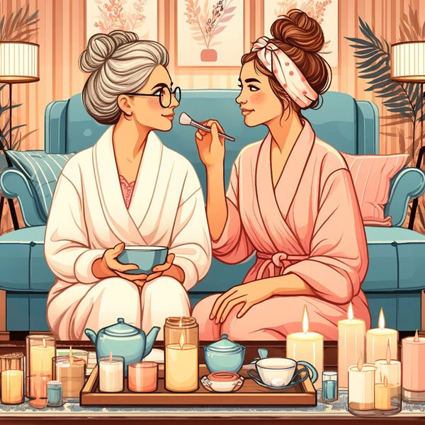 Stylish mother and daughter pampering each other with relaxing spa night in