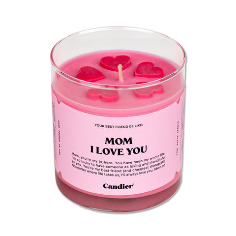 a cute pink scented candle with red hearts on top and reads Mom I Love You