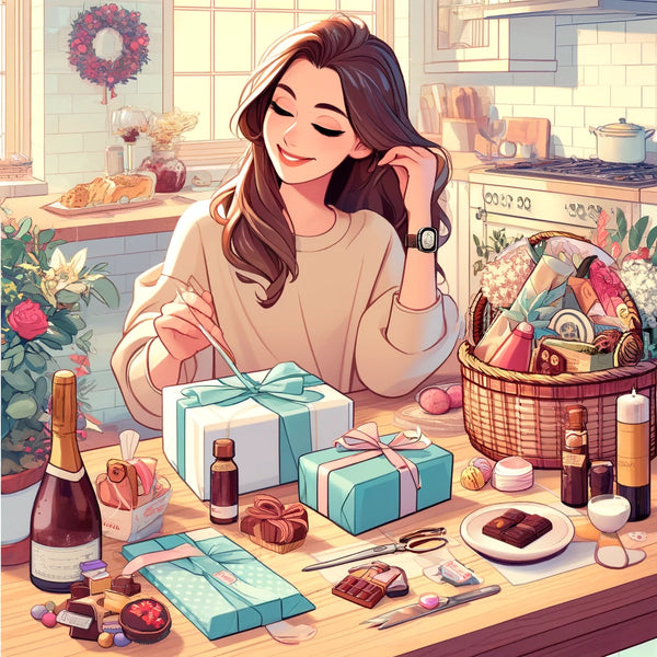 Cute young woman making a thoughtful gift basket