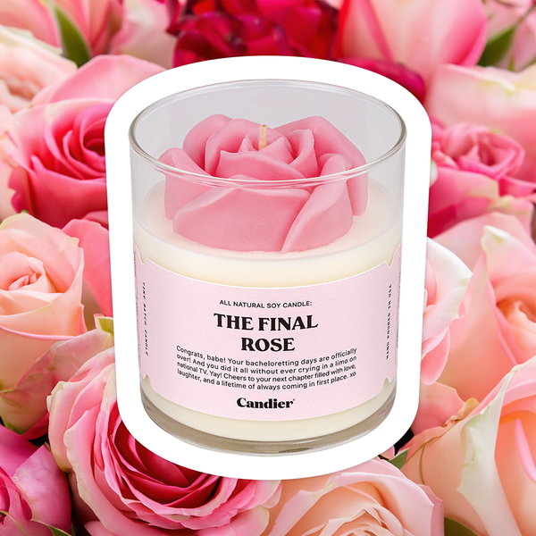 A Bachelorette gift candle with a label that reads The Final Rose