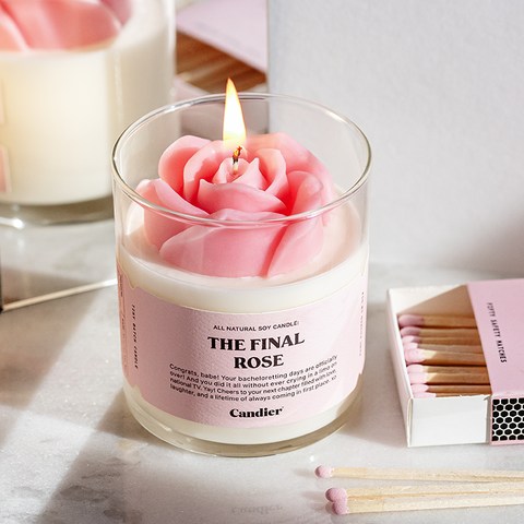 a cute bachelorette candle with a molded pink rose and a label that reads the Final Rose