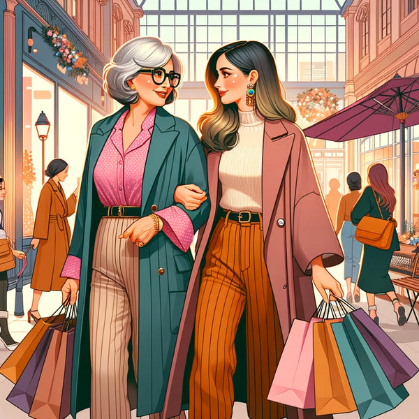 Stylish mom and daughter go shopping together in fancy shopping mall