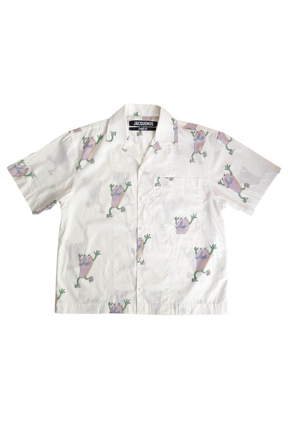 Jacquemus White Cotton Short Sleeve Button-Up with Flip-Flop Print FW2020