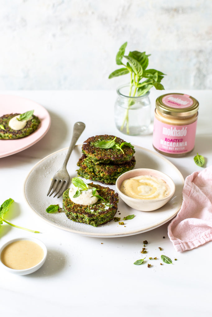 Herb Fritters with Garlic, Lemon and Macadamia Sauce