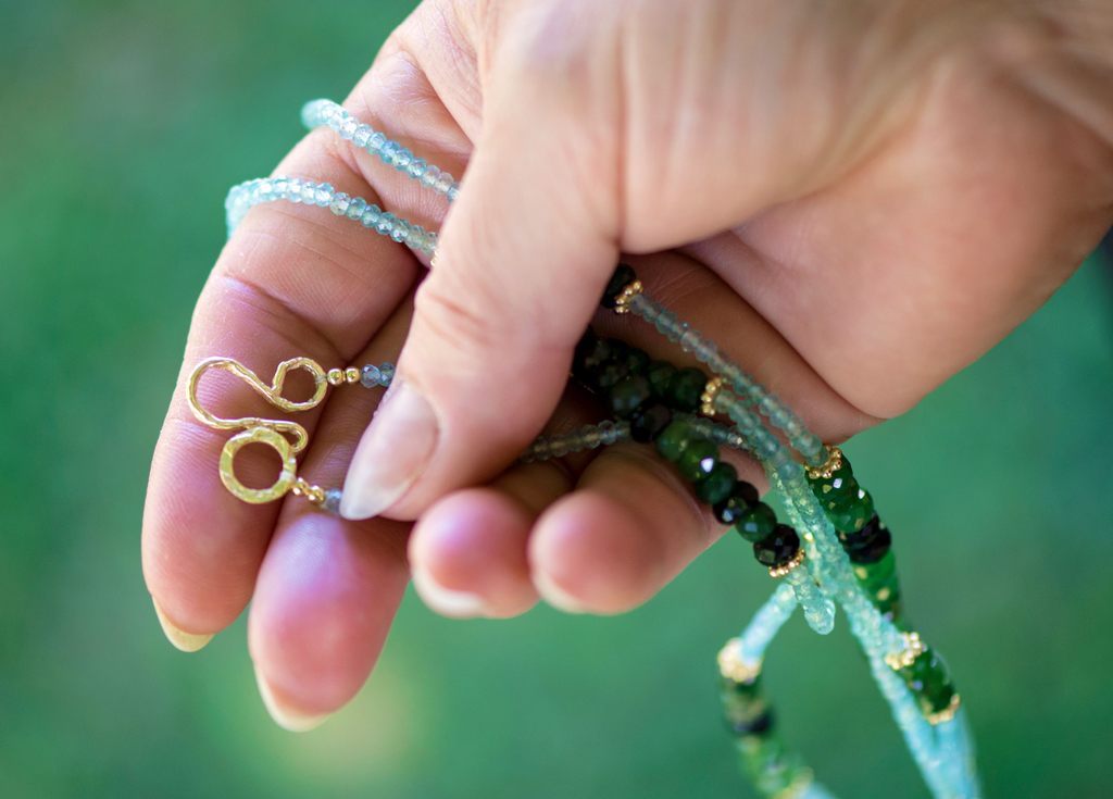 Canadian Jade and Blue Apatite Gemstone Gold Plated Beaded Necklace