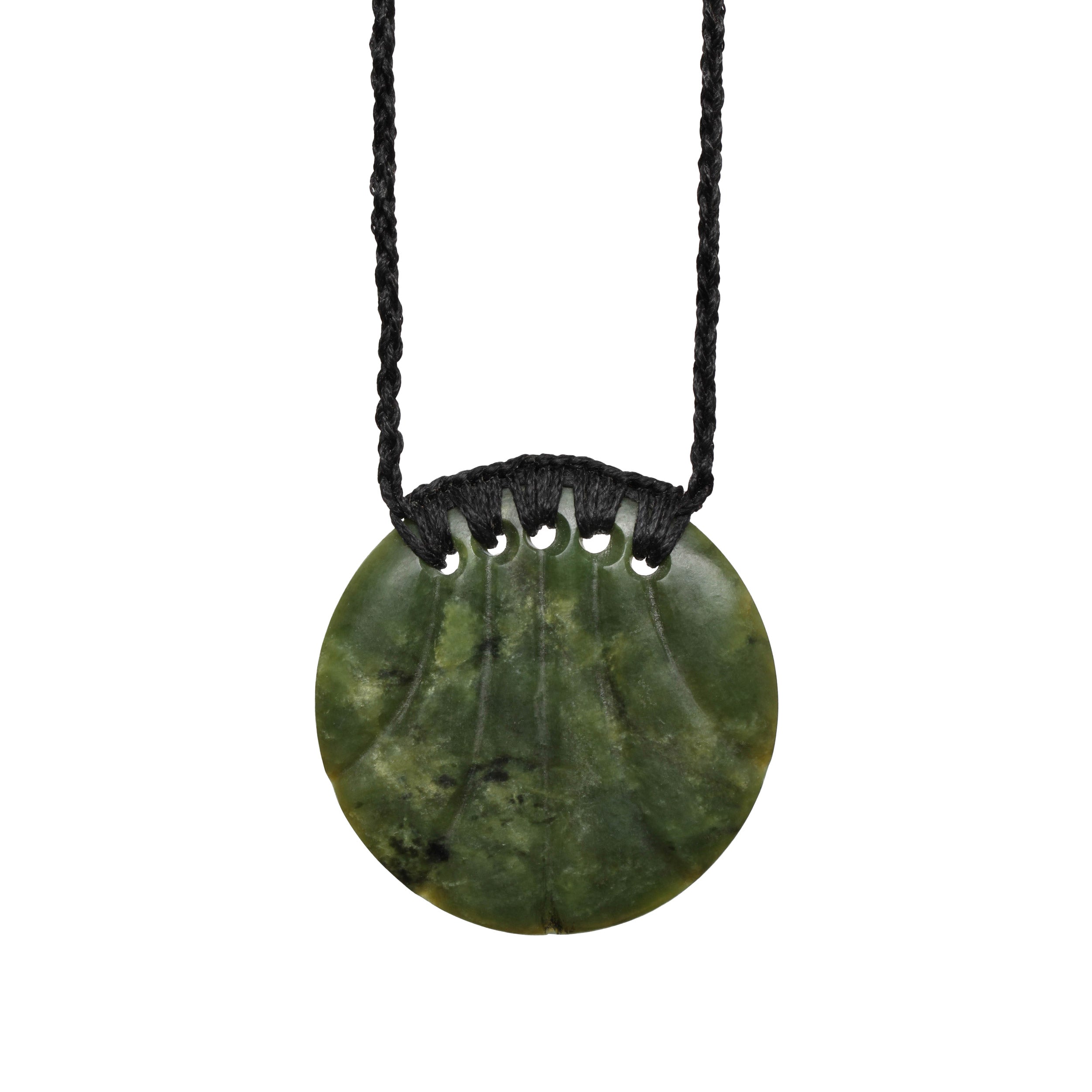 New Zealand Pounamu Disk Necklace with Fan Design