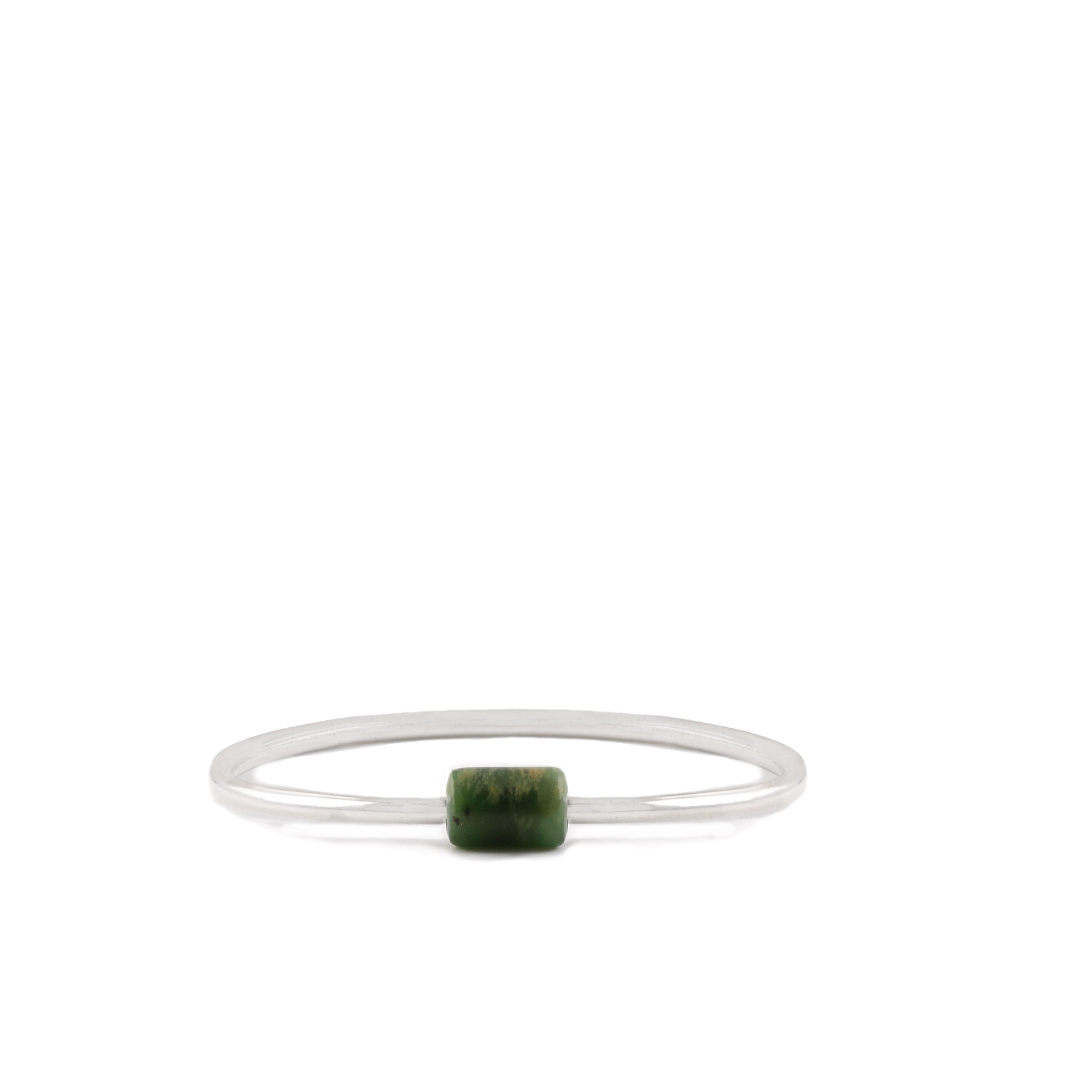 New Zealand Greenstone Bead on Silver Bangle (60mm)