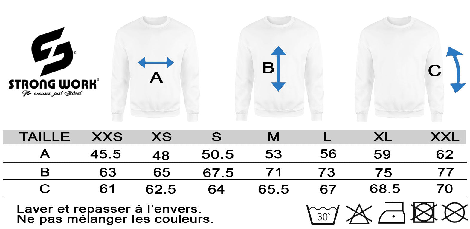 GUIDE DES TAILLES STRONG WORK - SWEAT-SHIRT EN COTON BIO STRONG WORK PRODIGY POUR HOMME