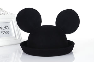 Lovely mickey ears felt hat dome flanging women bowler fashion cap stage performance headdress fedoras