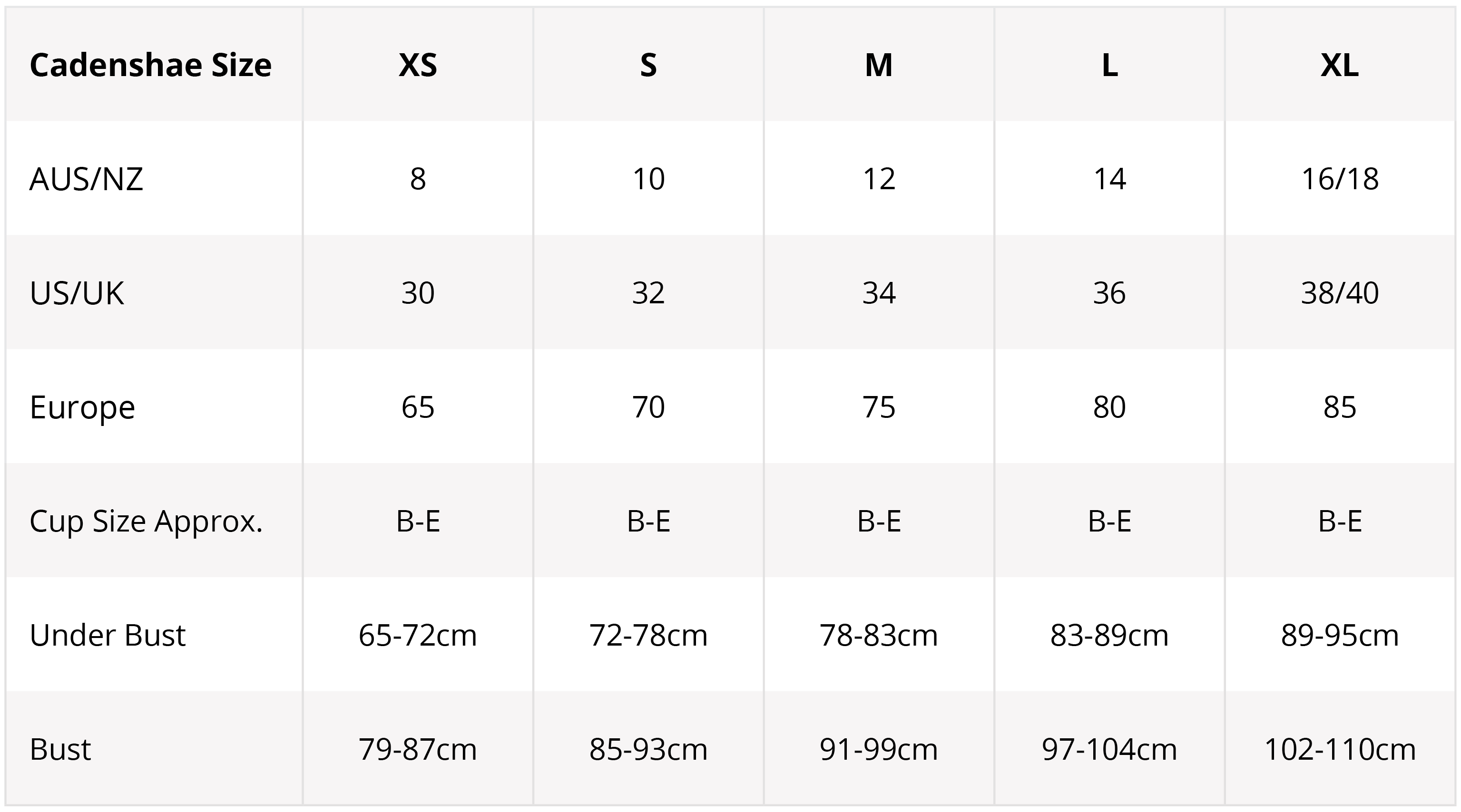 Perfects Australia Bra Size Chart