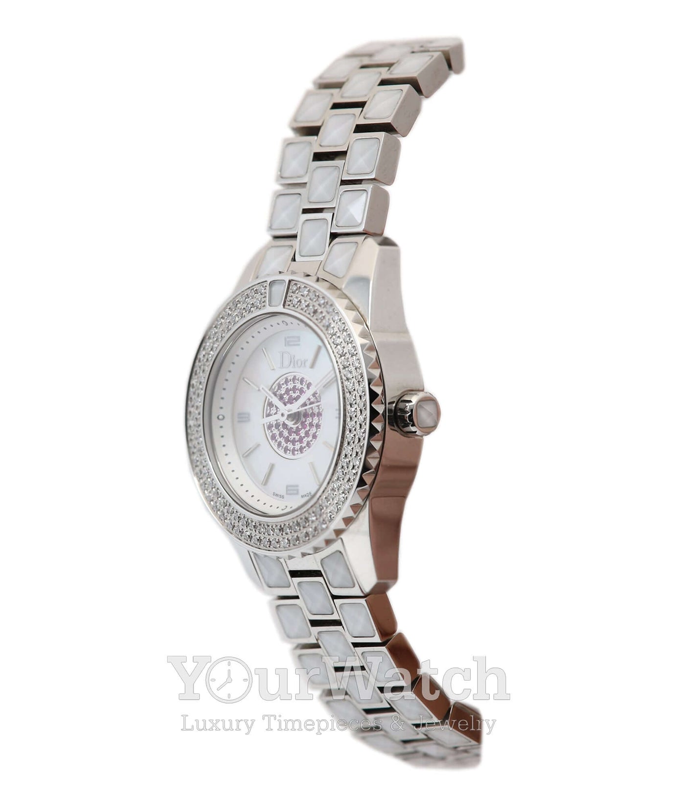 Preowned Christian Dior Christal Chronograph Quartz Diamond White Dial Ladies  Watch CD114370