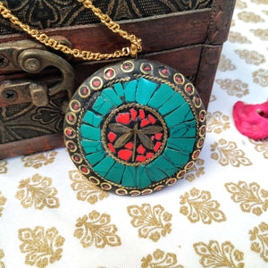 Natural Turquoise and Coral Gemstone 14K Gold Plated Womens Pendant - FabArtisan