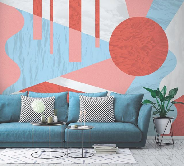 image of geometric living room design with graphic patterned wall and blue sofa from @mdbillustration