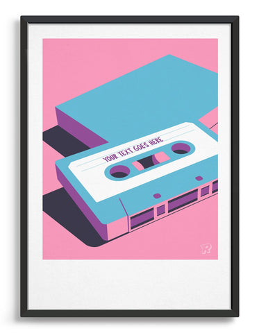 Retro art print showing a bright blue cassette tape on a bright pink background