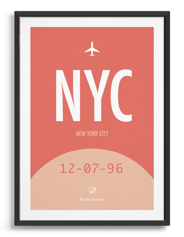 Retro travel poster in red and pink with space for destination airport, custom date and name