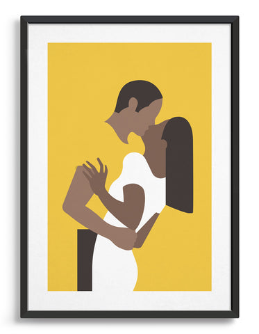 minimal design showing a couple sharing a kiss against a yellow background