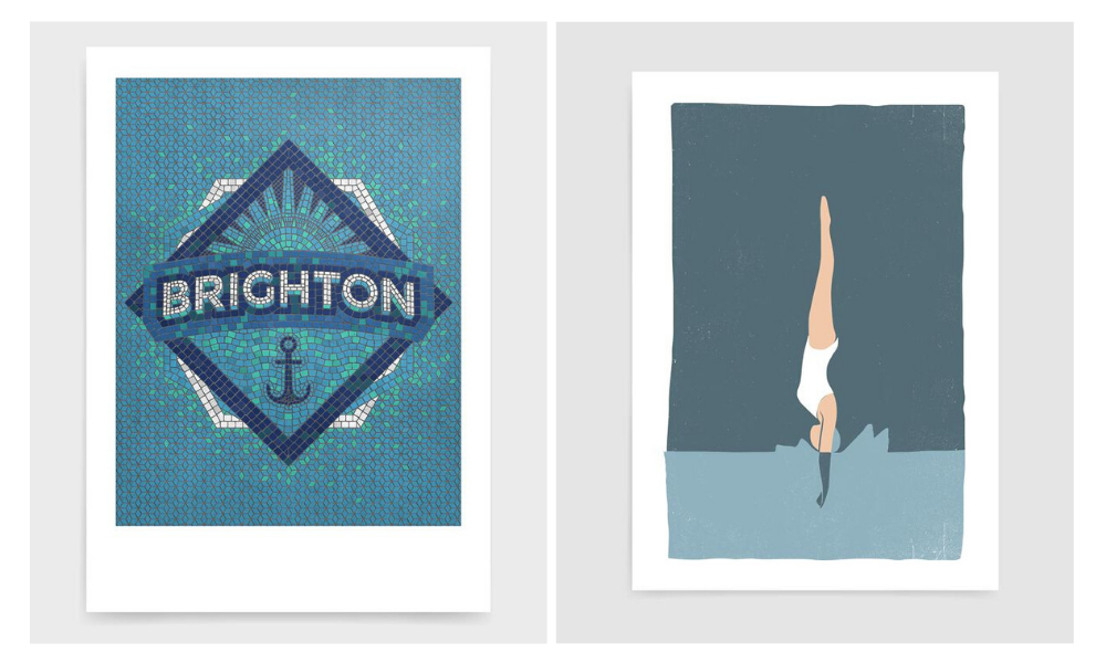 Two Rocket Jack prints side by side. Left hand shows Brighton mosaic print and right hand show woman diving into a pool of water. Both are blue in colour