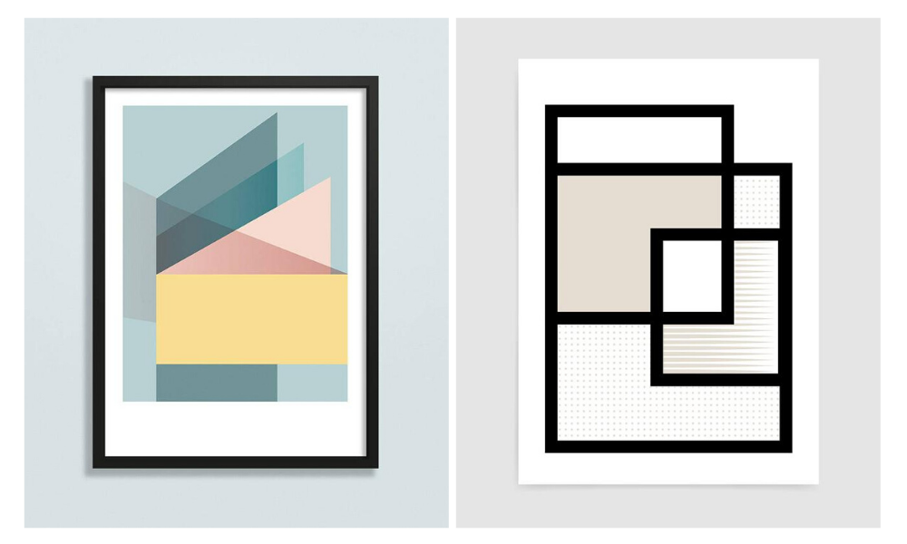 Two rocket jack prints left hand side depicts geometric shape print in pastel colours and right hand side shows line drawing squares interlinked in neutral tones