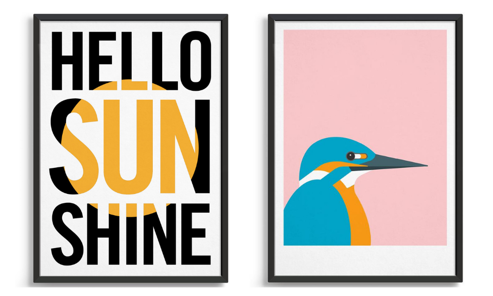 Bright colourful wall posters featuring a typography design with yellow sun and kingfisher bird against a ink background