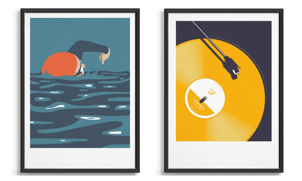 Mid century modern wall art prints including a swimmer and retro vinyl in yellow with personalisation