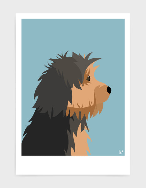 Profile illustration of a yorkshire terrier head in profile against a sky blue background