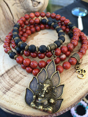 SUNSTONE & RED JASPER Mala Necklace With Ganesh Ganesha 108 Mala