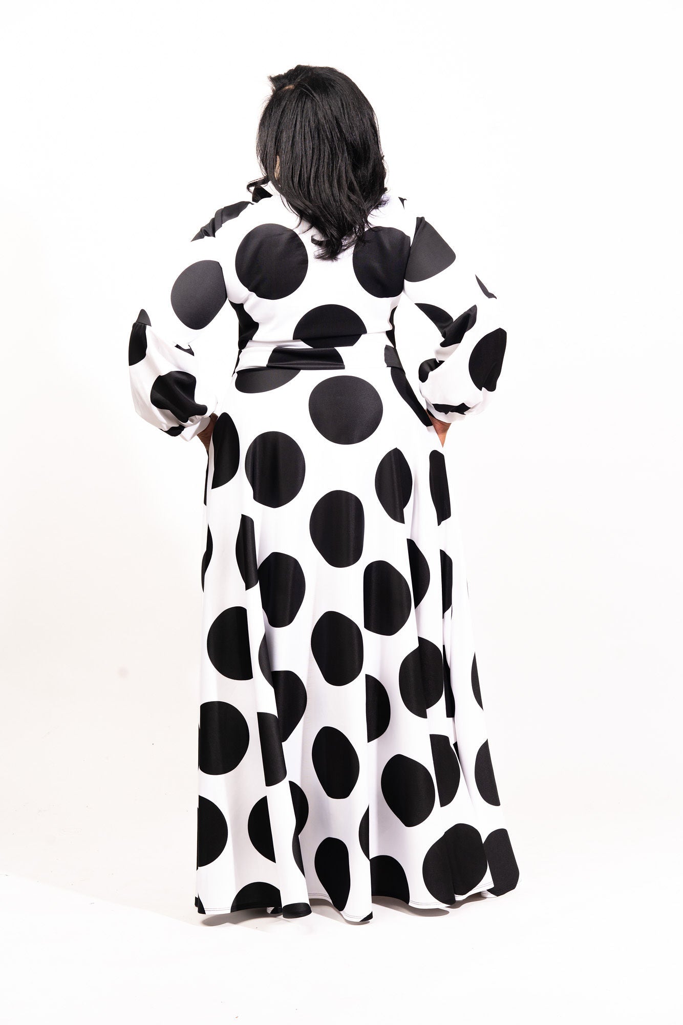 white maxi dress with black polka dots