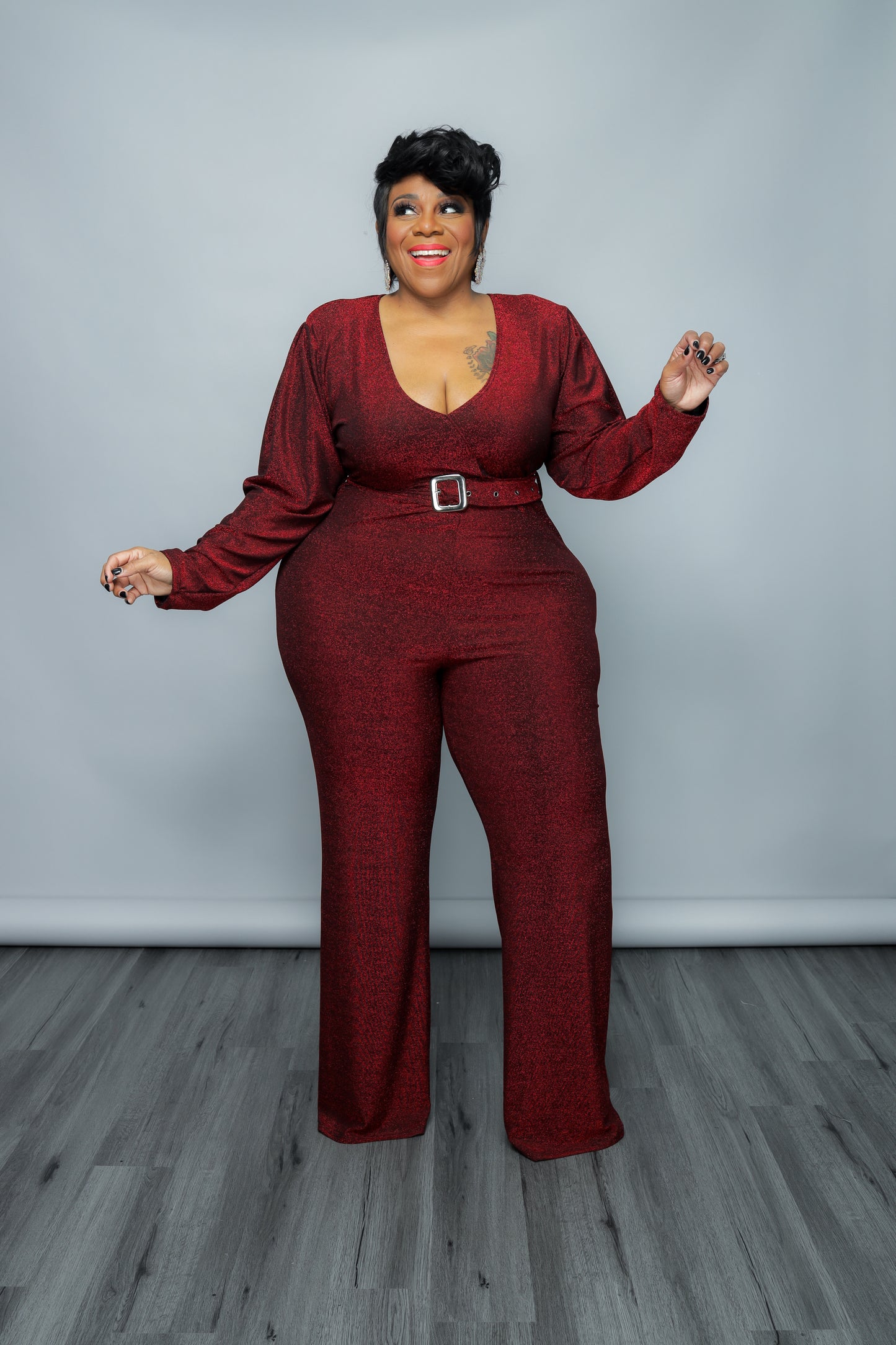 Red Shimmer Belt Jumpsuit