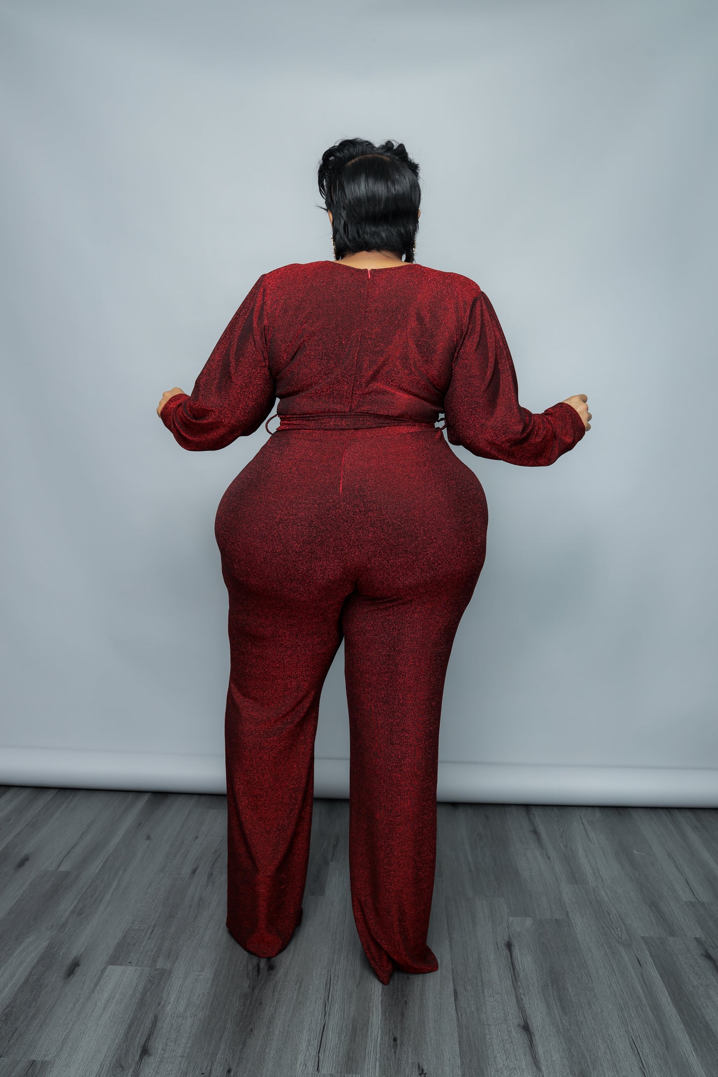 Red Shimmer Belt Jumpsuit