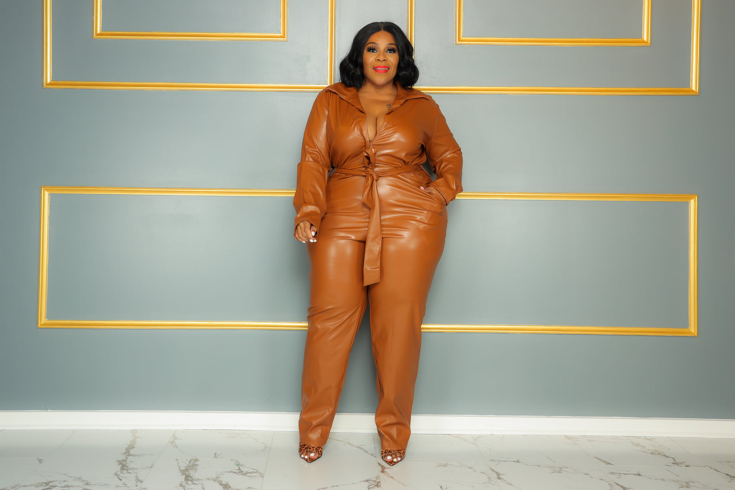 Cognac Vegan Leather Jumpsuit