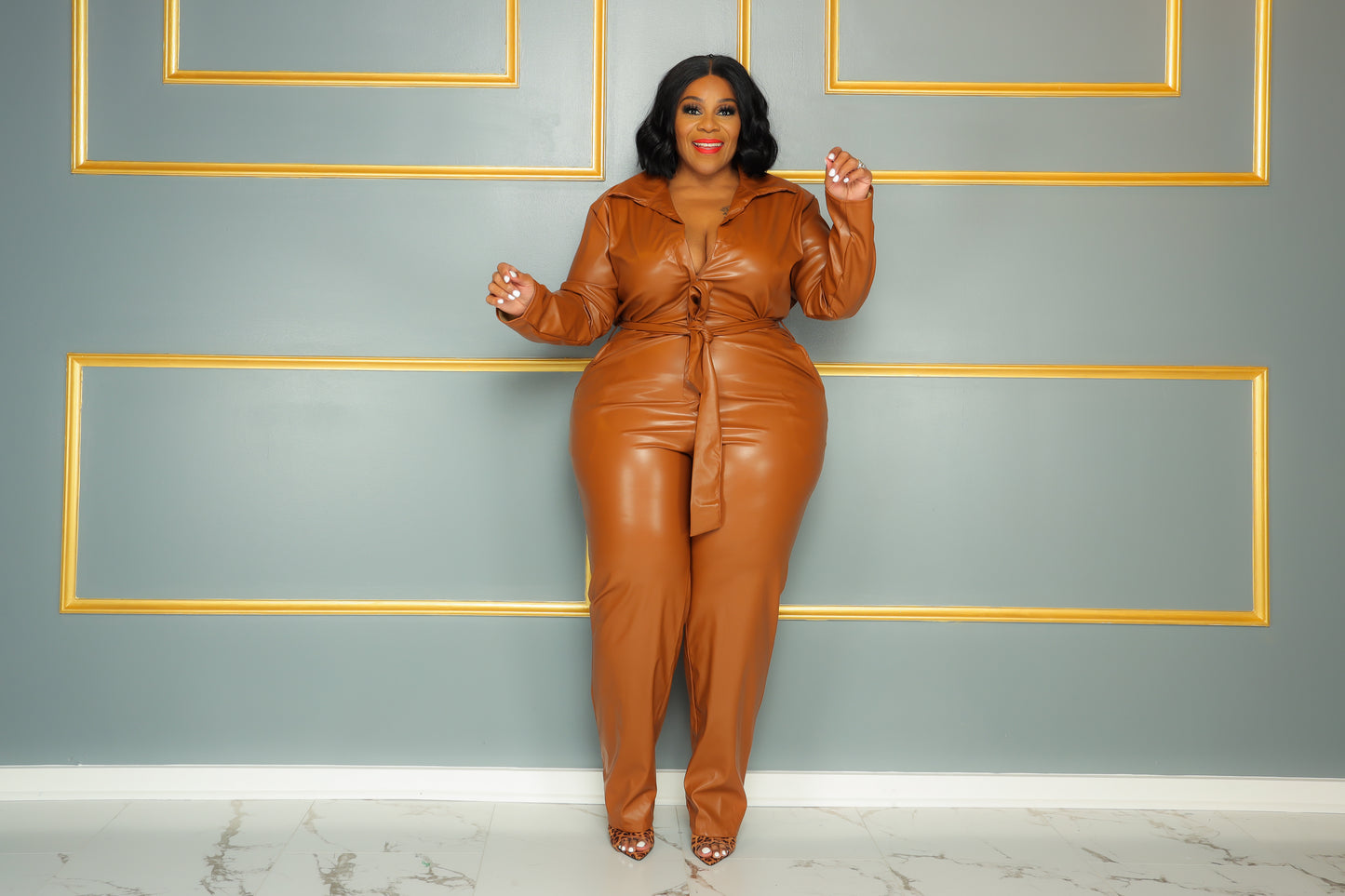 Cognac Vegan Leather Jumpsuit