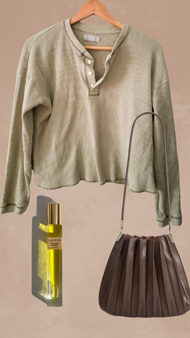 Everlane henley all natural perfume and brown pleated shoulder bag