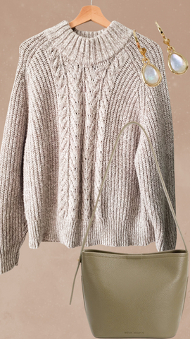 Cozy neutral sweater and sage green shoulder bag