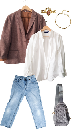 curated thrift clothes for sustainable style- white button down and blazer