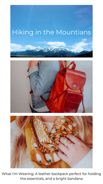 Pictures of mountains and a leather back pack, and a screen printed bandana 